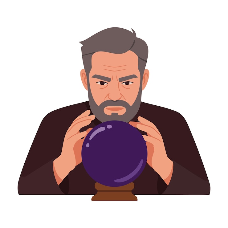 Вектор человек концентрируется на фиолетовом хрустальном шаре для гадания и гадания с серьезной иллюстрацией вектора выражения