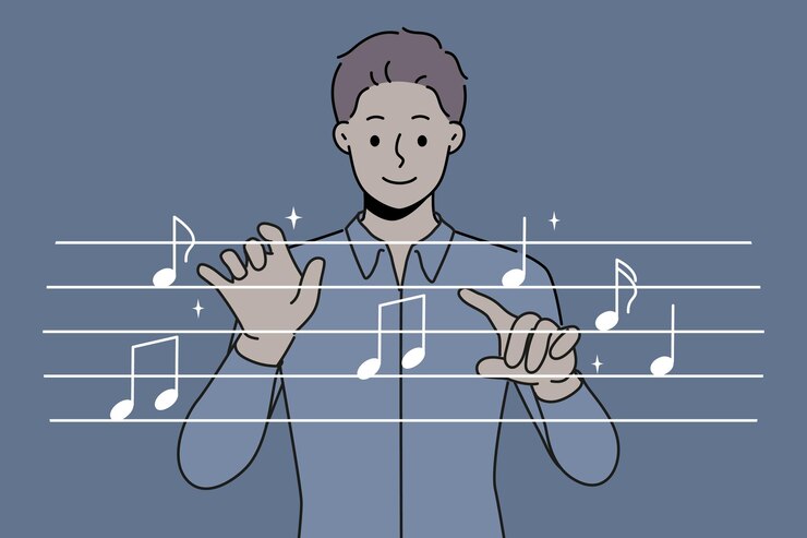 Vector man conductor moves hands standing near imaginary notes and comes up with new musical composition for musicians conductor of symphony orchestra rehearses before going on stage to audience