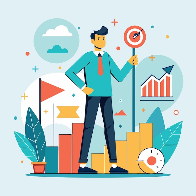 Vector a man confidently stands on a stack of coins symbolizing success and financial achievement a leader with success and chart analysis simple and minimalist flat vector illustration