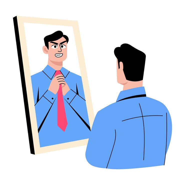 Vector man confronting his reflection in the mirror