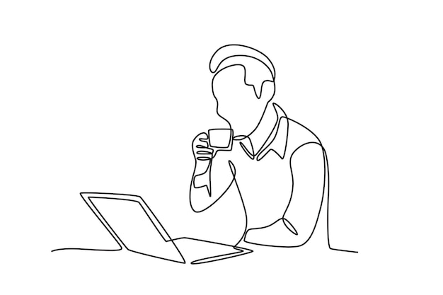 Vector man controleert laptop terwijl hij koffie drinkt