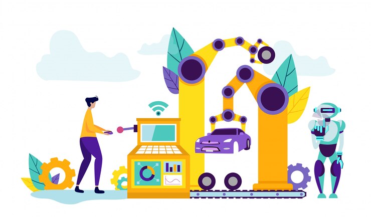 Vector man controls technology in car factory. 
