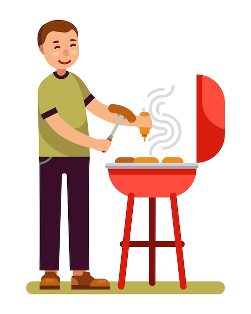 Vector man cooking barbecue on grill