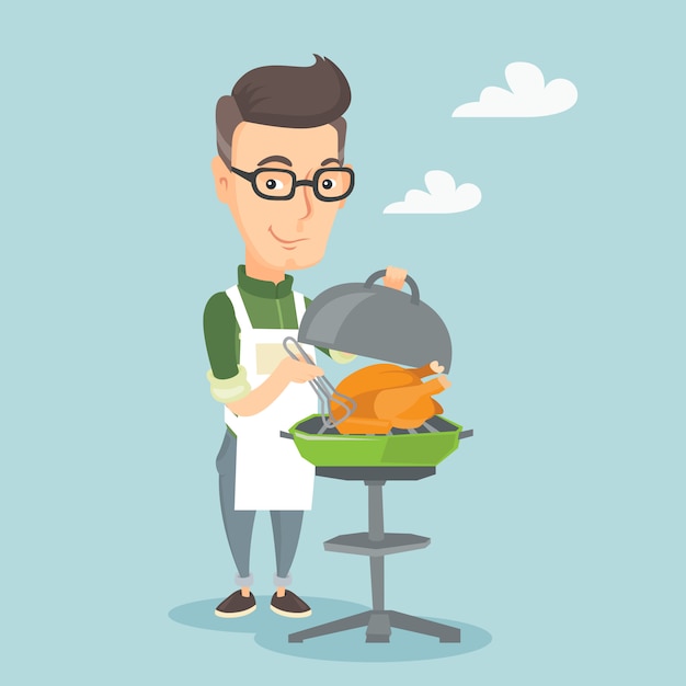 Man cooking chicken on barbecue grill.