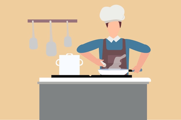 Vector a man cooking dinner in the kitchen illustration