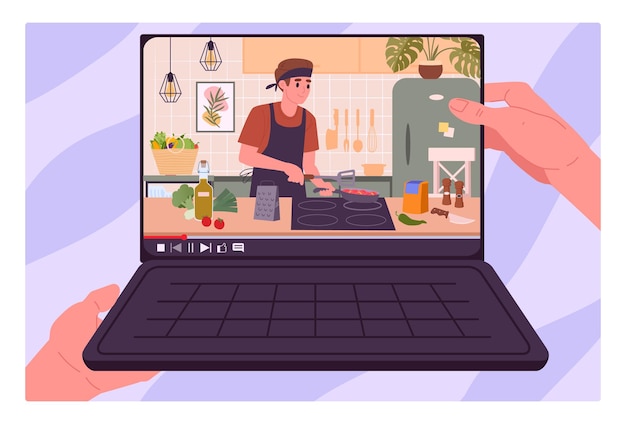 man cooking food online cooking tutorial on laptop screen food preparing video live stream flat vector illustration online culinary show on notebook computer screen