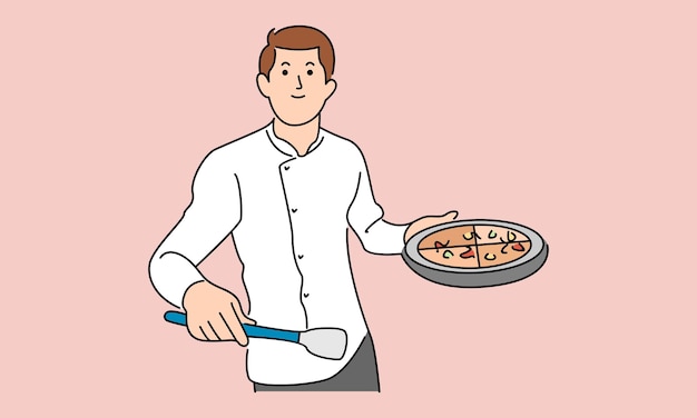 man Cooking and Holding a Tray with Pizza