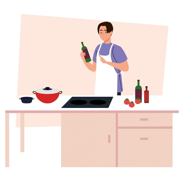 Vector man cooking using apron, in kitchen scene with supplies and vegetables