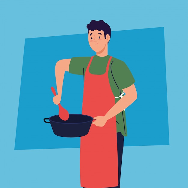 Man cooking using apron, with pot and spoon