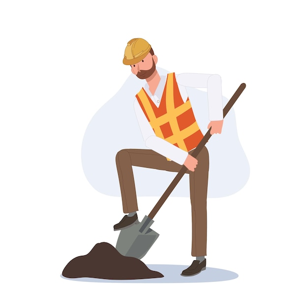 Человек в костюме и шлеме строителя, работающий с лопатой, копает векторную карикатурную иллюстрацию