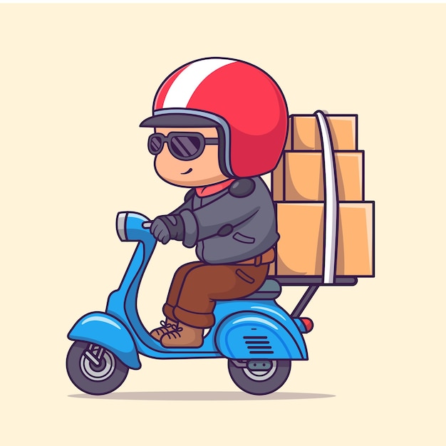 Uomo corriere porta pacco di scatola con scooter bicicletta cartone animato vettoriale icona illustrazione trasporto di persone