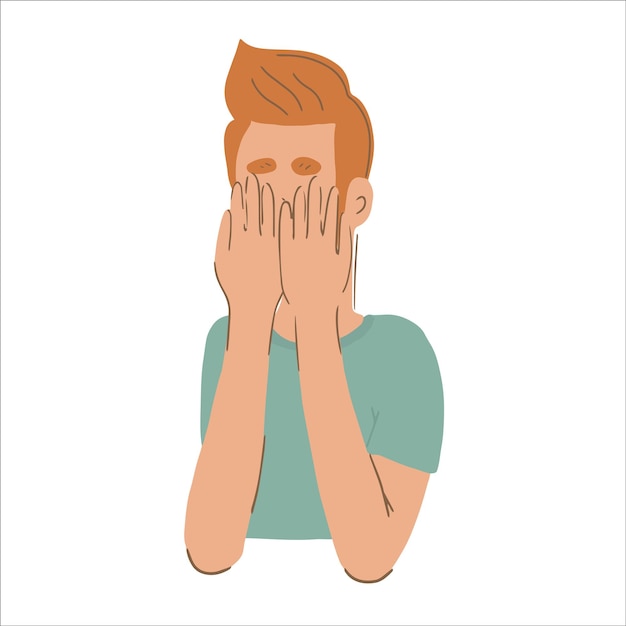 Vector man covering face with hands grief shame or denial concept flat vector illustration