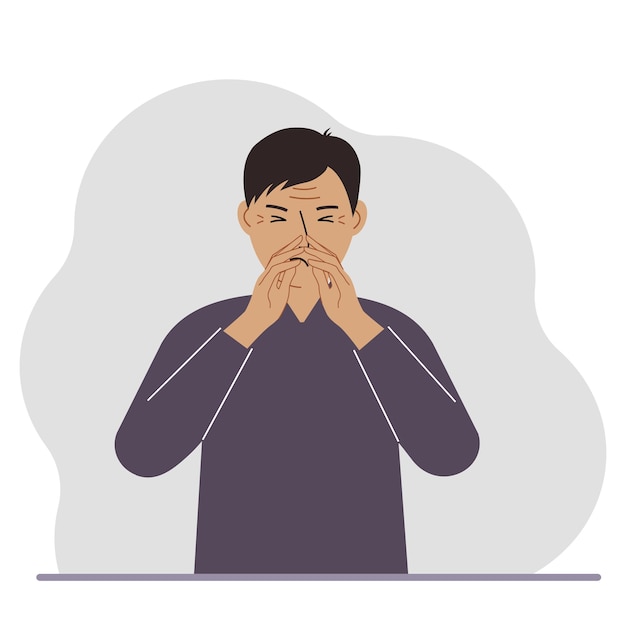 The man covers his nose with his hands the concept of a sick person sneezes seasonal allergies bad smell vector flat illustration