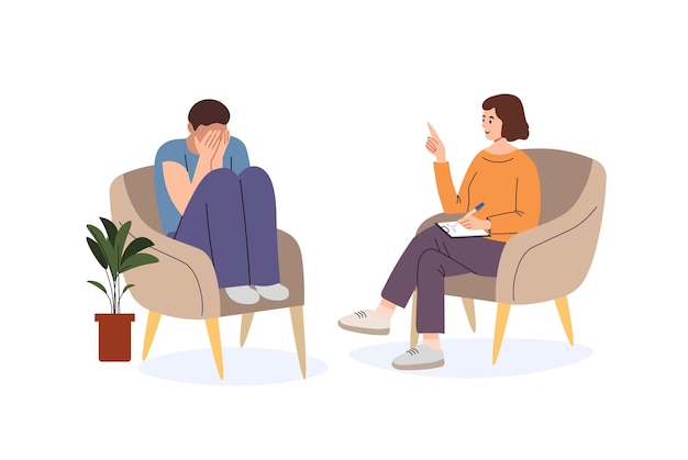 a man cries at a psychologists appointment psychological helpreception at the psychologist conversation a man with depression came to the psychologist for consultation flat vector illustration
