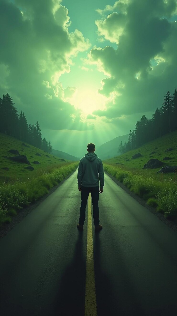 Vector man at a crossroad with contrasting landscapes