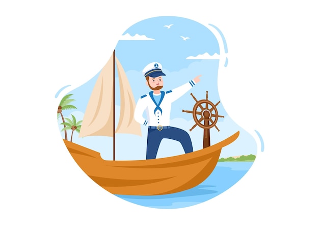 Man Cruise Ship Captain Cartoon Illustration in Sailor Uniform on the Harbor