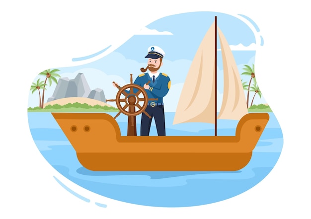 man cruise ship captain cartoon illustration in sailor uniform on the harbor