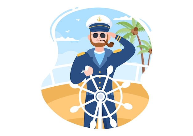 Vector man cruise ship captain cartoon illustration in sailor uniform on the harbor