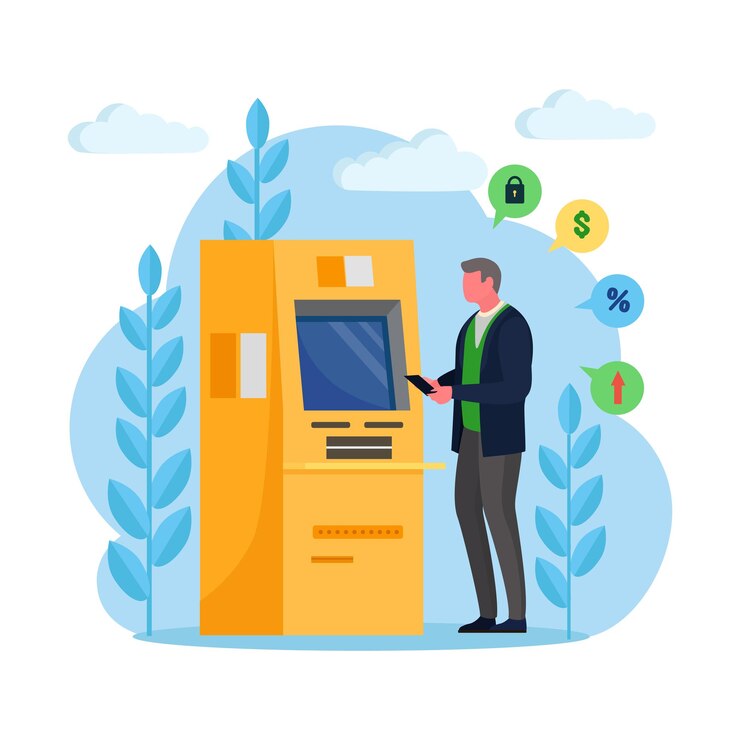 Vector man customer standing near credit card reader machine and withdraw money