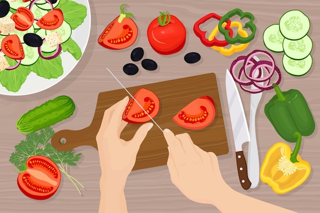 Man cuts tomatoes on cutting board illustration