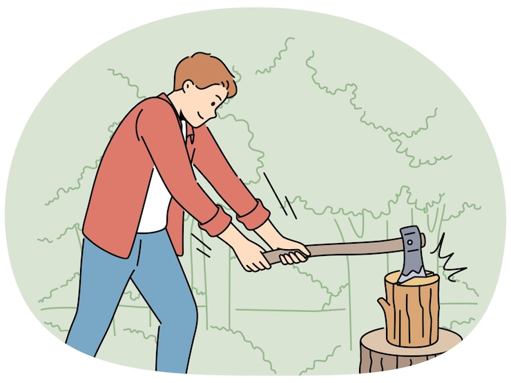Vector man cutting wood in forest with axe