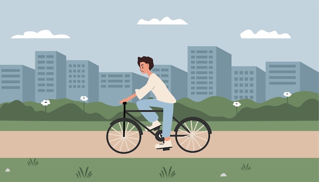 市 の 公園 で 自転車 を 乗っ て いる 人