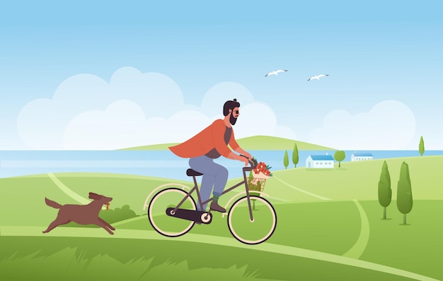 Man cycling in summer nature landscape, riding bicycle with flowers in basket, dog runs