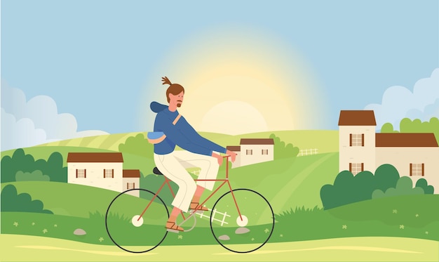 Man cycling in summer nature landscape vector illustration. cartoon young active male character riding bicycle near small town village.