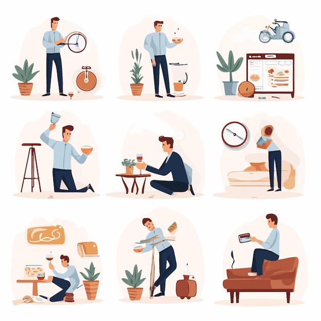 Man_daily_life_set_flat_vector_illustrationDaily