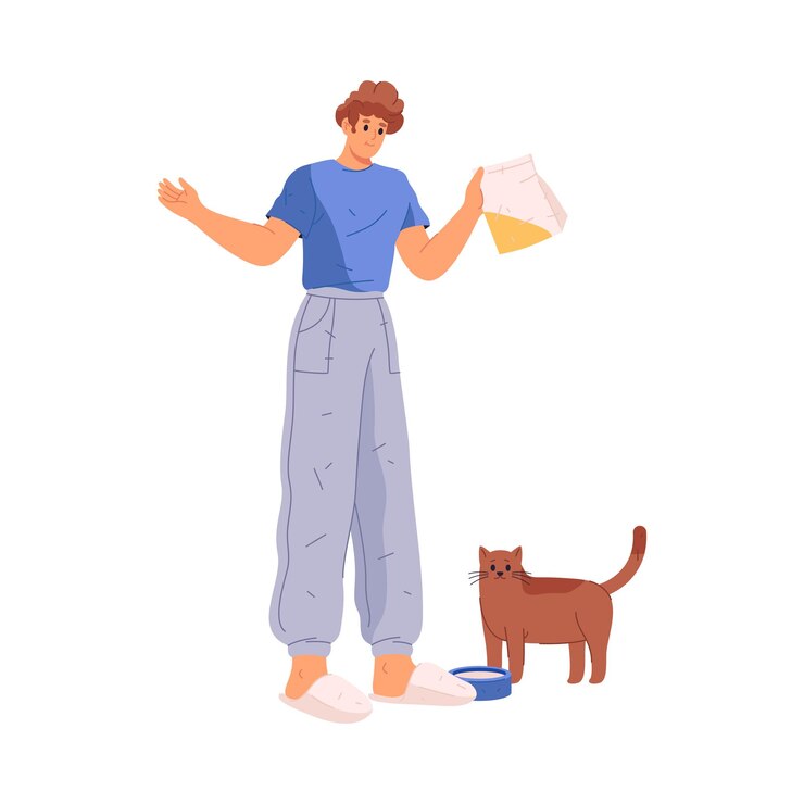 Vector man daily routine feeding cat at home