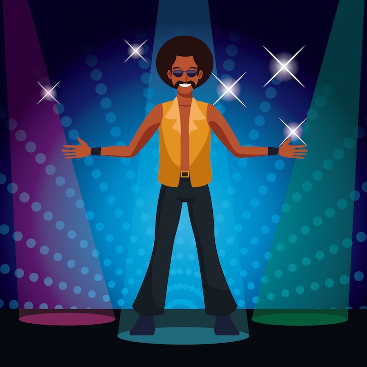 Vector man dancing at 80s disco with lights 