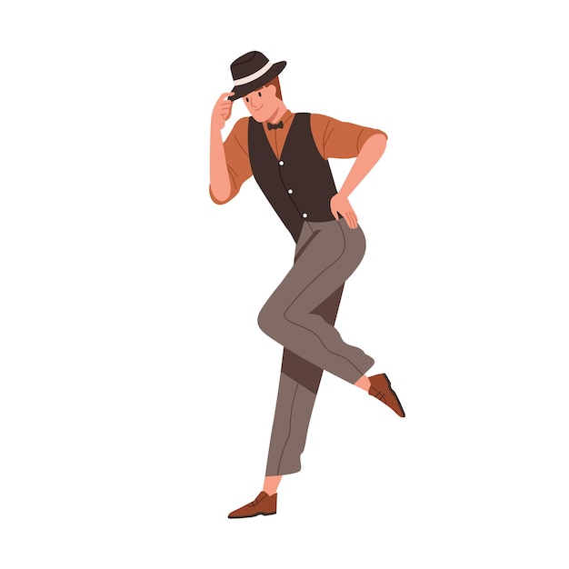 Vettore uomo che balla charleston alla festa di chicago degli anni '20. ballerino di broadway dell'america degli anni '20. persona elegante con movimento retrò della punta del cappello, che oscilla al jazz. illustrazione vettoriale piatta isolata su sfondo bianco