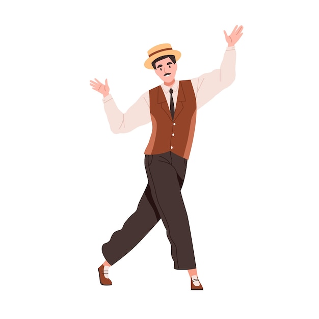 Man dancing in twenties style. Charleston dancer with mustache at Broadway night party in 1920s. Chicago person in retro fashion clothes, hat. Flat vector illustration isolated on white background