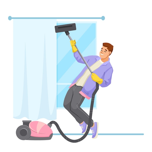 Man danst met stofzuiger terwijl hij het huis schoonmaakt Vector illustratie