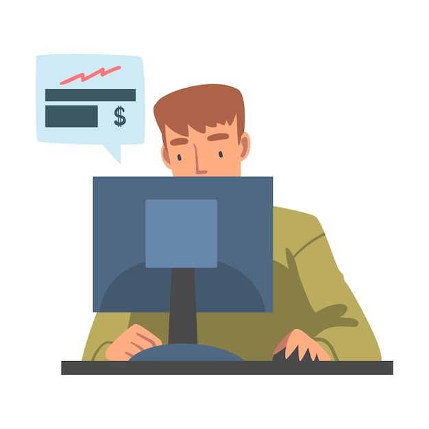 man at desktop computer analyzing financial profit growth and evaluating revenue and expense vector illustration
