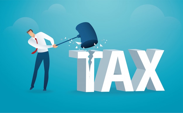 Man destroying the word tax with a hammer