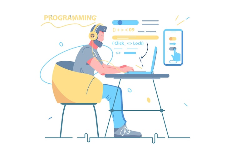 Vector man developer coding and chatting by laptop vector illustration. guy freelancer and program code flat style. programming, website coding, developer concept. isolated on white background