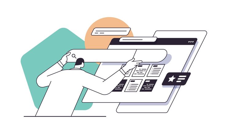 Vector man developer creating website ui interface web application development program software optimization concept
