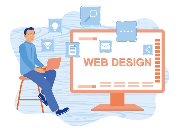 Man die aan een laptop werkt Een webpagina samenstellen uit de iconen die op het scherm verschijnen Webontwerpconcept Platte vectorillustratie
