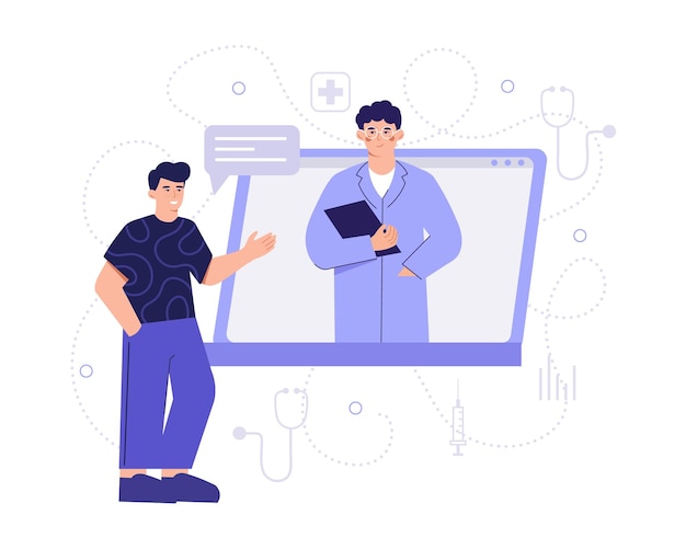 Man die bij het tablet scherm staat en met een medische werknemer praat Tijd om de behandeling van patiënten online te maken Remote medische consultatie via Internet Vector platte illustratie in blauwe kleuren