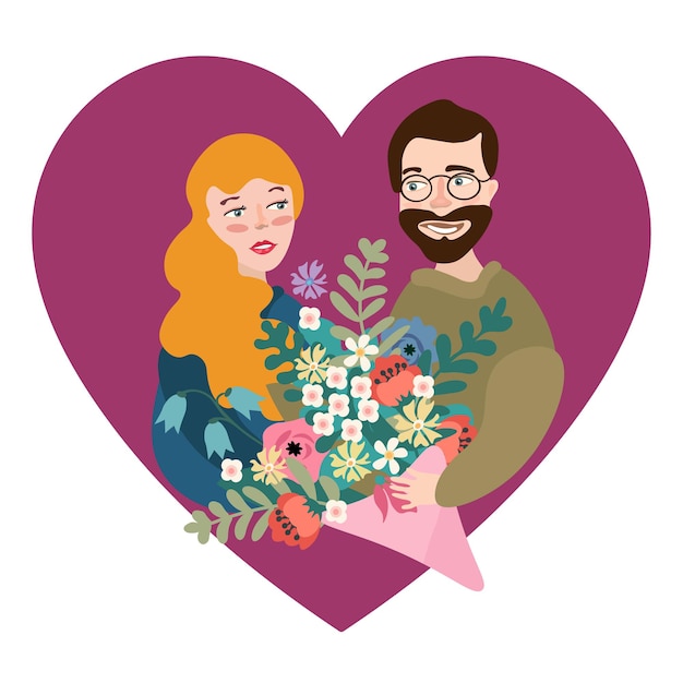 Man die een hart geeft - Valentijnsdag graphics. Moderne platte concept vectorillustratie - een jonge man omringd door planten, met het grote hart. Harten en bloemen. Leuke karakters in liefdesconcept