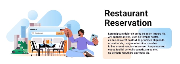 man die een smartphone gebruikt met een restaurant woord op zoekbalk eten online restaurant reservering concept horizontale kopie ruimte vector illustratie