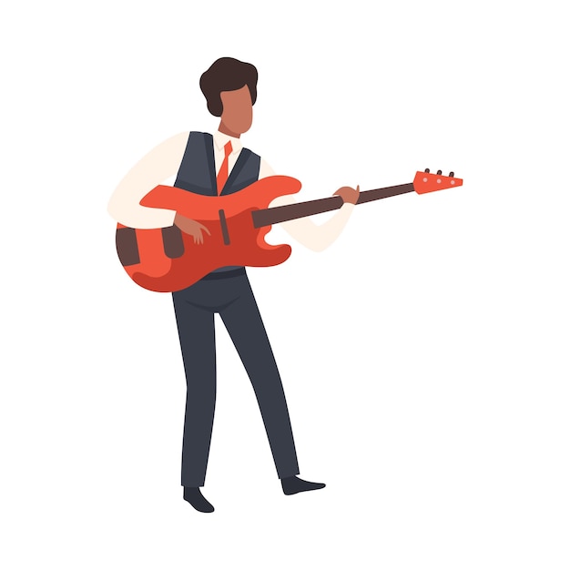 Man die gitaar speelt Mannelijke jazzmuzikant Karakter in elegante kleren met snaarinstrument Vector illustratie op witte achtergrond