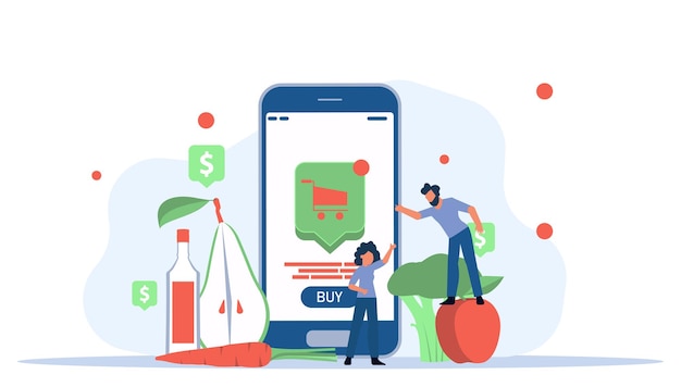 Vector man die online boodschappen doet met een mobiele supermarktwinkel