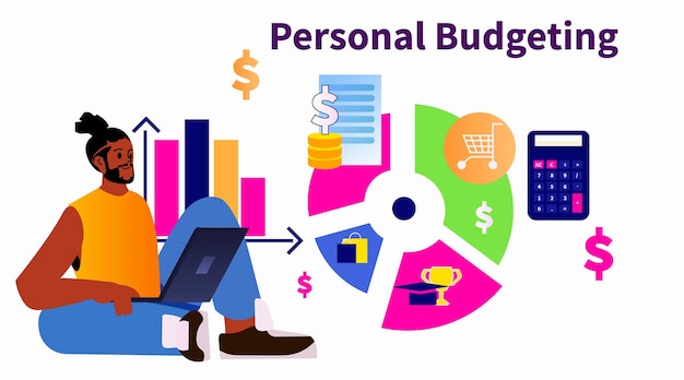 Man die persoonlijke budgetteringsgrafiek analyseert op laptop data-analyse boekhoudconcept horizontaal