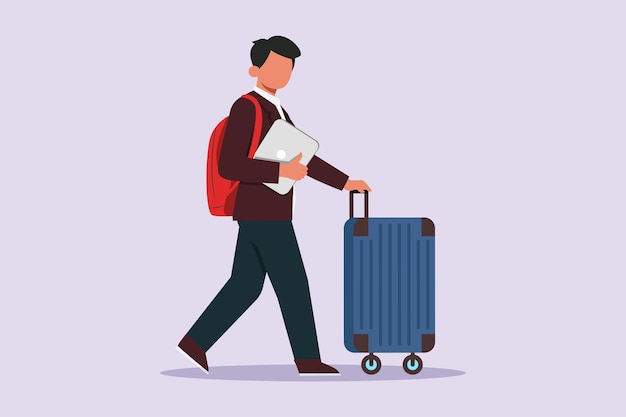 Man die tas draagt en koffer duwt Reizen concept Kleurige platte vector illustratie geïsoleerd