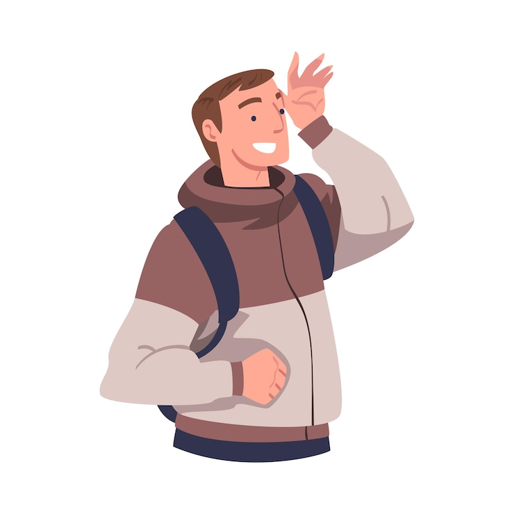 Vector man die ver naar iets interessants kijkt en de hand bij het voorhoofd houdt vectorillustratie