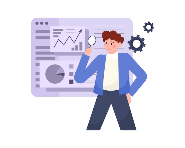 Man die vergrootglas vasthoudt en grafieken en diagrammen analyseert Onderzoek winstgevende strategieën Financiëngroeiconcept Werknemer die investeringen en geldgroeisnelheid analyseert Vlakke afbeelding