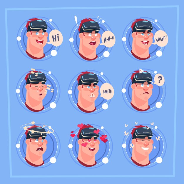 Man different face male emoji wearing 3d virtual glasses emotion icon avatar facial expression conce