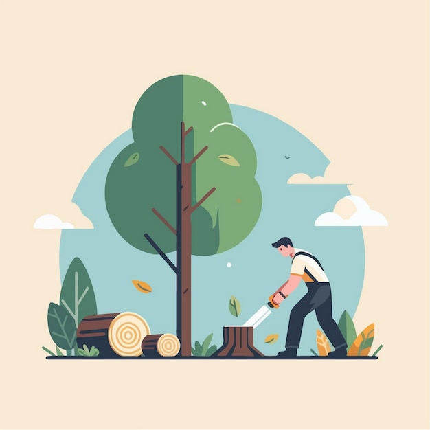 Vector a man digging in a forest with a tree in the background